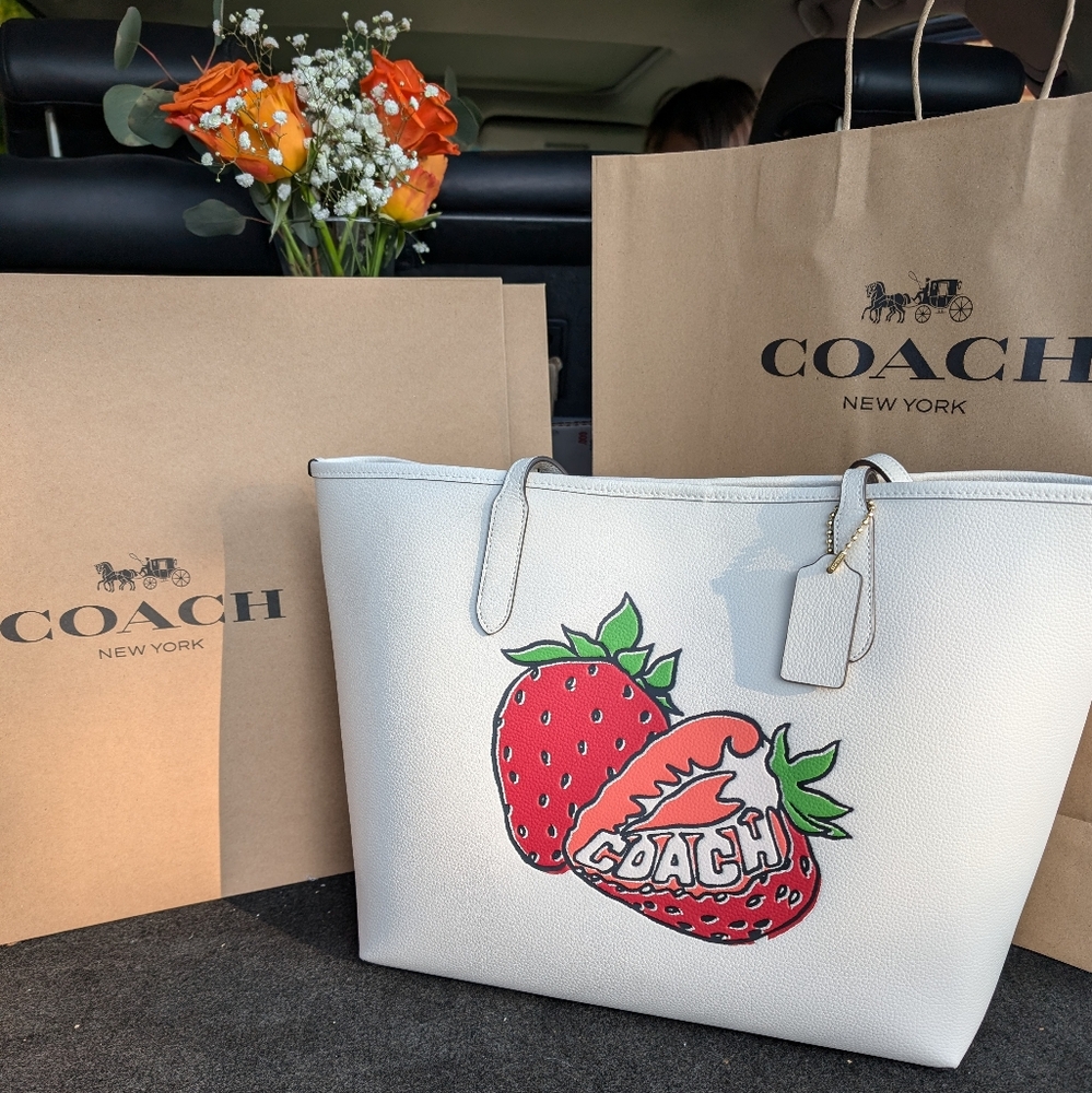 Coach City Tote Bag With Strawberry Graphic